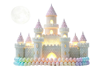 Obraz premium Magical candy castle decorated with pastel sweets and illuminated by soft lights for festive celebrations
