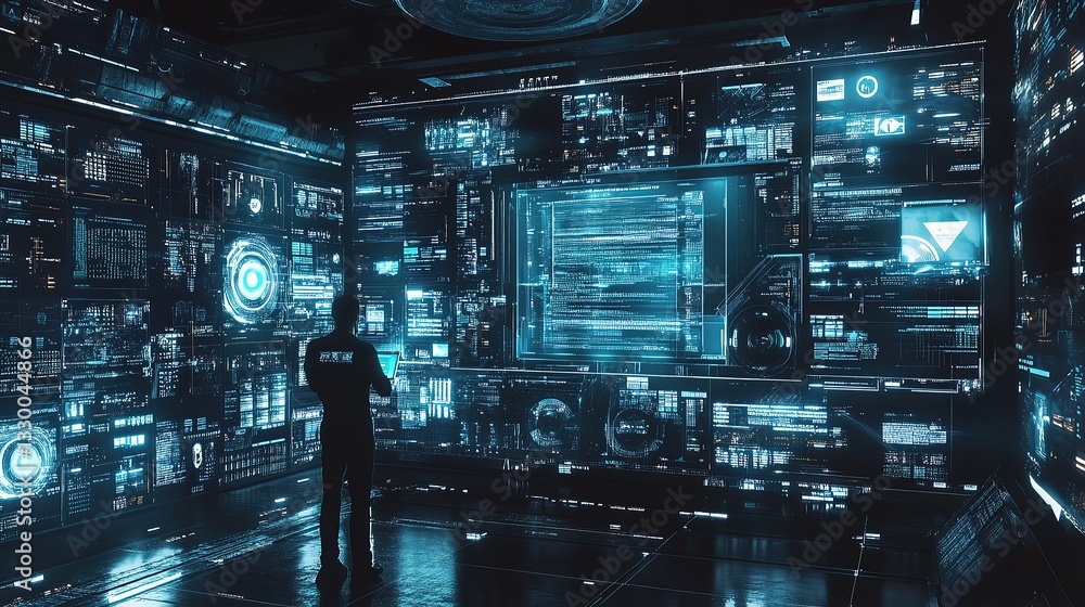 Poster cybersecurity expert analyzing encrypted data in high-tech environment