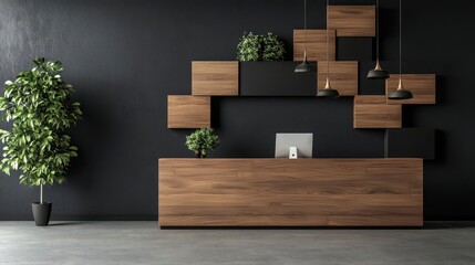 Dynamic wooden reception counter with stacked layered panels, bold asymmetric structure, and contemporary industrial aesthetics