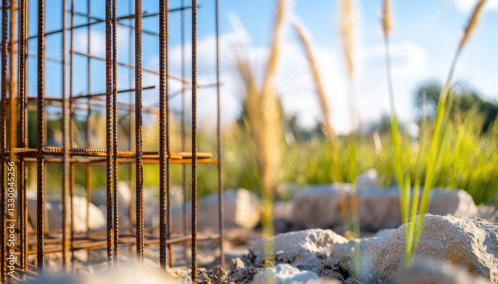 Poster detailed view of a rebar frame designed for concrete support at a construction area, emphasizing str