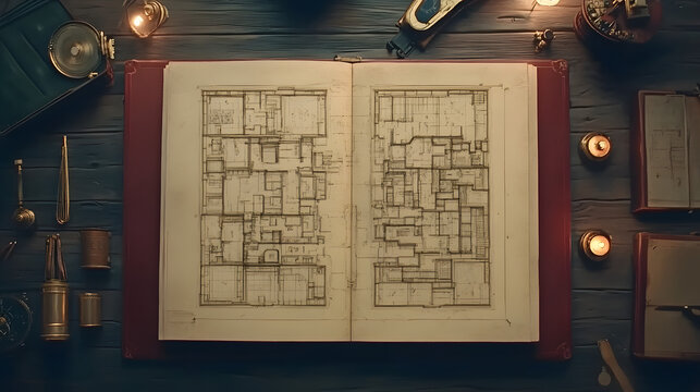 Engaging top-down view of a book featuring a detailed drawing of a house on a regular grid, showcasing artistic creativity and design in illustration.