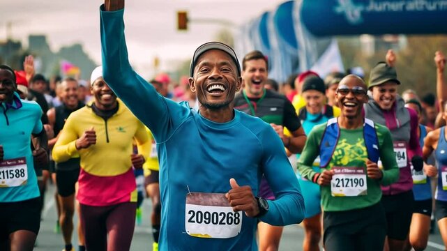 Marathonl&auml;ufer mit freudigem Gesichtsausdruck und Siegespose
