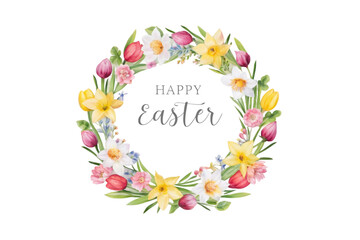 Obraz premium Vibrant floral wreath for Easter celebration with cheerful sentiment for spring greetings and festive decor