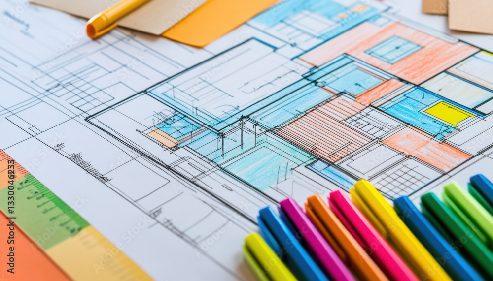 Poster detailed blueprint features vibrant colors and sections, illustrating an architectural design suitab