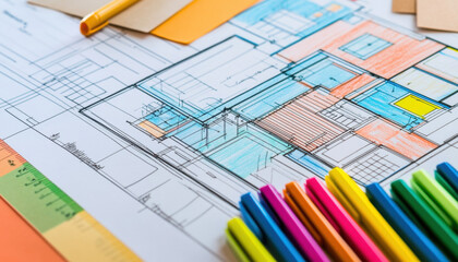Detailed blueprint features vibrant colors and sections, illustrating an architectural design suitable for future construction projects
