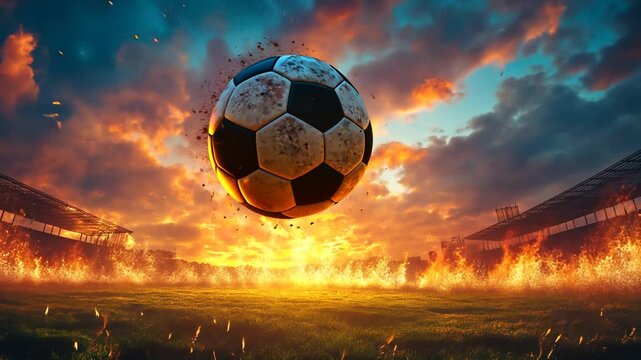 Brennender Fu&szlig;ball mit dramatischem Hintergrund am Himmel