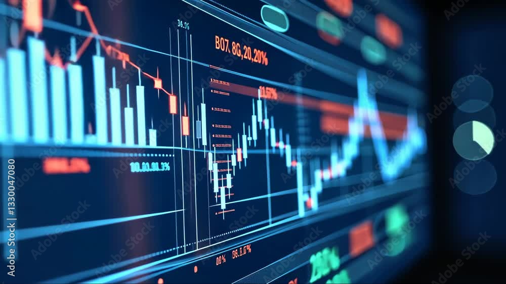 Poster business finance background. computer screen shows graph with red and blue lines. graph is represent