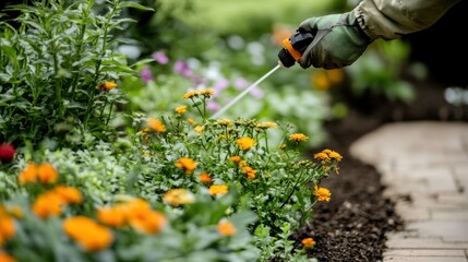 Pest Control Sprays in Bright Flowerbeds of Backyard