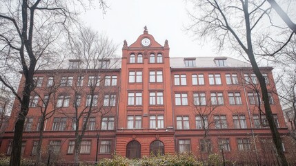 Fototapeta premium Grand Old Brick Building on a Cloudy Day