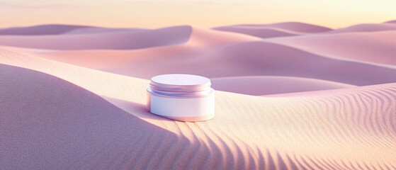 Frosted Skincare Jar with White Label on Soft Pink Sand Dunes at Sunrise. Copy space. Generative AI