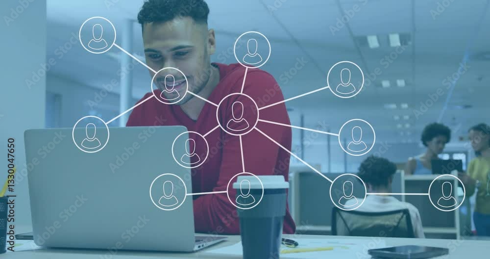 Aufkleber man working on laptop with network connections animation overlay in office