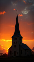 Fototapeta premium A serene evening scene with a Christian church's silhouette against an orange sunset sky.