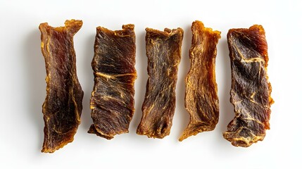 A clean and modern product shot of golden-brown dried meat snacks, such as beef jerky or crispy fish strips, carefully arranged on a white background. The lighting enhances the rich textures