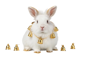 Adorable rabbit with golden bells around neck sitting among small bells, ideal for Easter celebration or festive decor design
