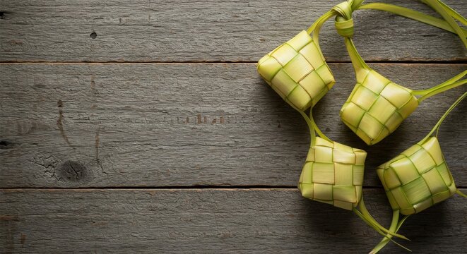 Ketupat (Rice Dumpling) On Wood Background. Ketupat is a natural rice casing made from young coconut leaves for cooking rice during eid Mubarak