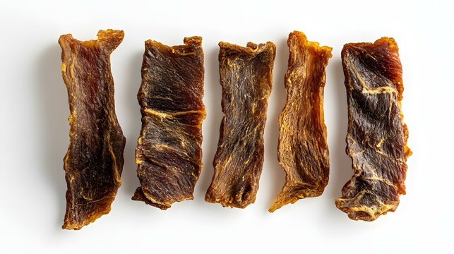 A clean and modern product shot of golden-brown dried meat snacks, such as beef jerky or crispy fish strips, carefully arranged on a white background. The lighting enhances the rich textures