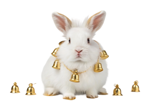 Adorable rabbit with golden bells around neck sitting among small bells, ideal for Easter celebration or festive decor design