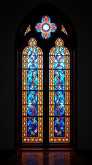 Stained glass window with Christian cross motifs inside a church.