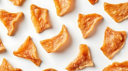 A clean and modern product shot of golden-brown dried meat snacks, such as beef jerky or crispy fish strips, carefully arranged on a white background. The lighting enhances the rich textures