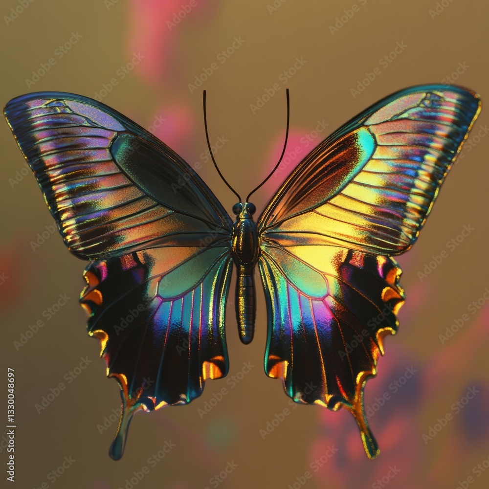 Poster colorful butterfly displaying iridescent wings against a soft gradient background in a serene settin