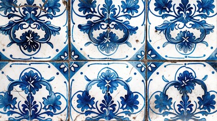 Ceramic wall tiles with blue and white ornament. Background.Old tiles with Spanish, Portuguese, and Moroccan patterns.