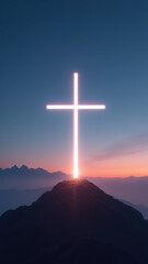 Obraz premium Sun-lit Christian cross silhouetted against mountains during sunset.