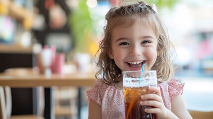 Joyful child sipping refreshing soda with a straw in a trendy café with bright interior and playful mood