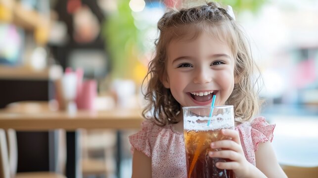 Joyful child sipping refreshing soda with a straw in a trendy café with bright interior and playful mood