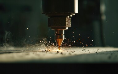 Close Up Of Industrial Laser Cutter Precisely Burning Metal Surface With Sparks In Dark Workshop