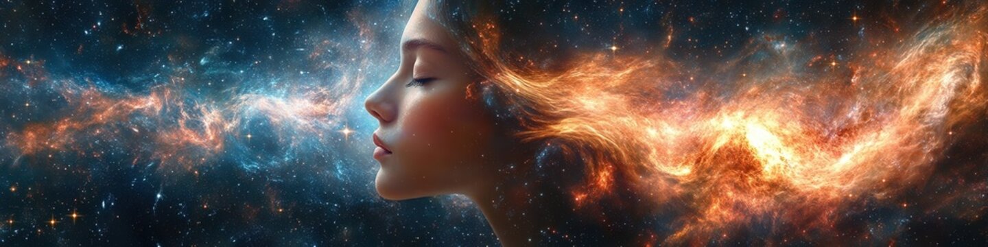 Fototapeta  Woman’s face merging with a galaxy of stars and nebulae. Cosmic dust swirls around her features, as if she is part of the universe itself.