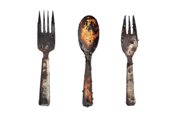 three forks with burnt paint on them Cutout and isolated and transparent background image