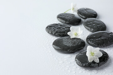 Wet spa stones and beautiful flowers on white background, closeup. Space for text