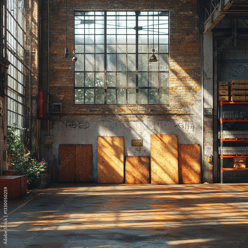 Poster empty warehouse with sunlight streaming through large windows, creating shadows