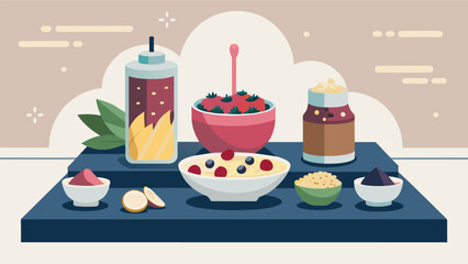 An elegant smoothie bowl station with marble countertops and goldrimmed containers of fresh berries nuts and seeds appealing to those seeking a more. Vector illustration
