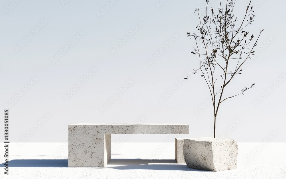 Poster white terrazzo bench and planter on white background with bare tree in daylight setting