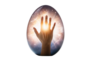 Cosmic hand emerging from mystical egg symbolizing creation and transformation