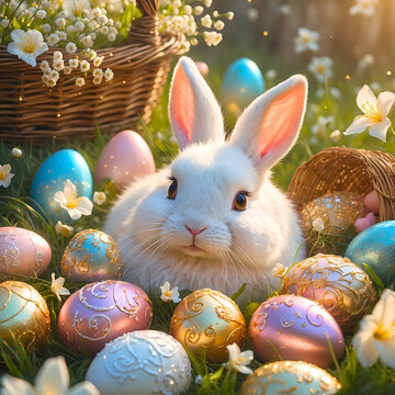 Adorable white rabbit surrounded by ornate Easter eggs, blooming flowers, and wicker baskets in a sunlit meadow