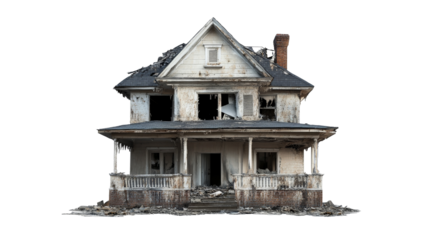 a house with a broken roof and a broken window Cutout and isolated and transparent background image