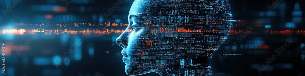 Wall mural digital human face with circuits and glowing data streams, symbolizing artificial intelligence, mach