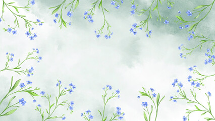 Watercolor illustration, leaves and delicate blue forget me not flowers, soft green background. Elegant botanical frame perfect for wedding invitations, greeting cards, and decor.