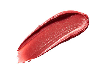 Red lipstick smear smudge swatch isolated on white background, cream makeup texture, color cosmetic product brush stroke swipe close up.