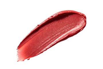 Red lipstick smear smudge swatch isolated on white background, cream makeup texture, color cosmetic product brush stroke swipe close up.