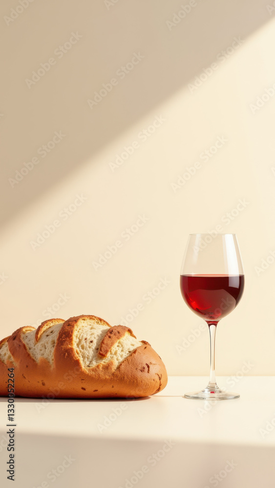 Poster christian communion elements with wine and bread on a table.