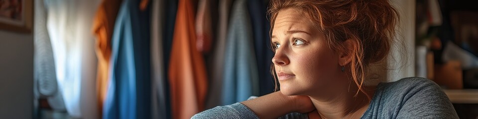  Young woman gazing thoughtfully into the distance, sitting near a wardrobe, lost in deep reflection and contemplation.