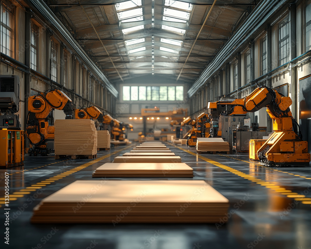 Poster automated warehouse with robotic arms stacking cardboard sheets efficiently