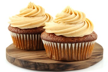 Two cupcakes with frosting on wood serving board