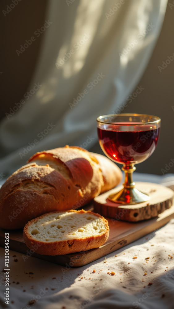 Poster a bread basket with sliced bread accompanied by a goblet on a rustic table draped with linen.