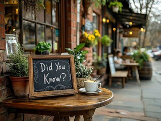  A chalkboard "Did You Know?" sign outside a cozy café, handwritten with a fun coffee-related fact. A welcoming touch for curious visitors.