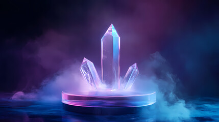 A floating crystal podium with a prismatic effect, set against a dark navy background with soft blue and purple lighting, perfect for showcasing perfumes. Prismatic Fog. Illustration