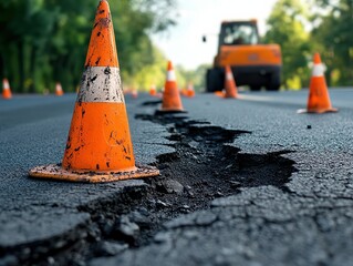  A damaged asphalt road with multiple potholes. Orange traffic cones are placed around them as a temporary warning for drivers.